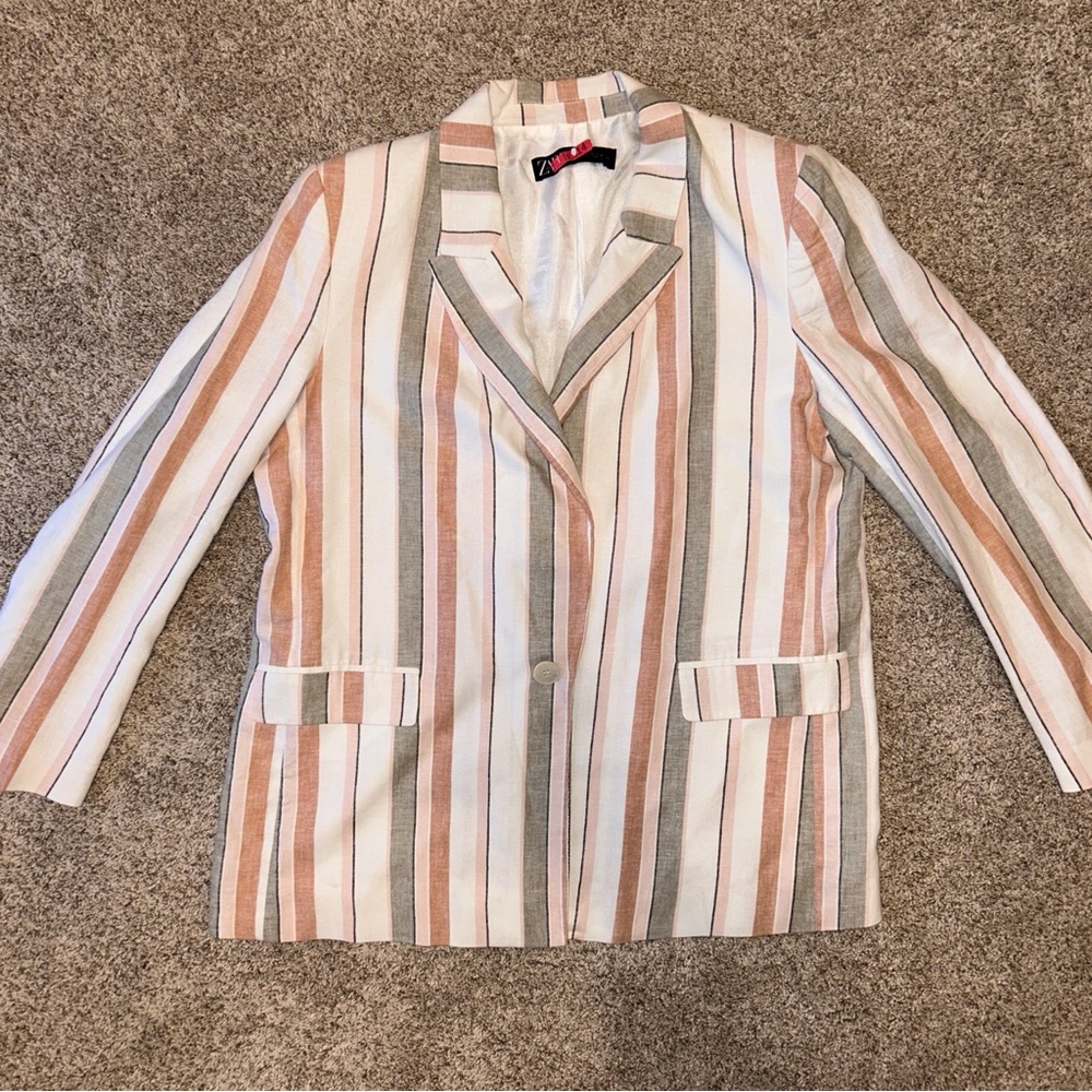 ZARA Striped Linen Blazer Suit Jacket